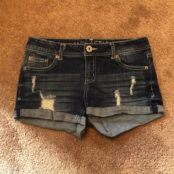 Dark Wash Distressed Low-Rise Jean Shorts - Picture 1 of 4